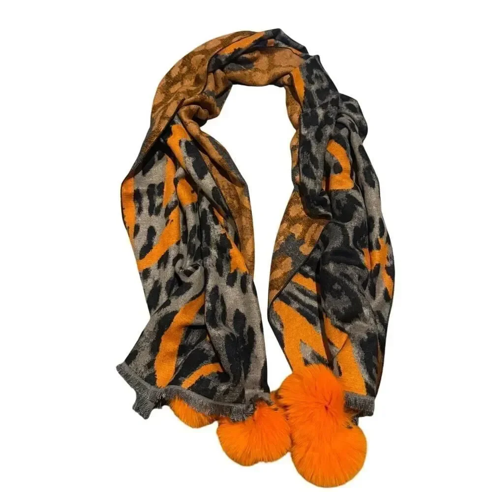LaBelle Furs Wide Woven Leopard Print Heart Scarf with Fox Pom Poms